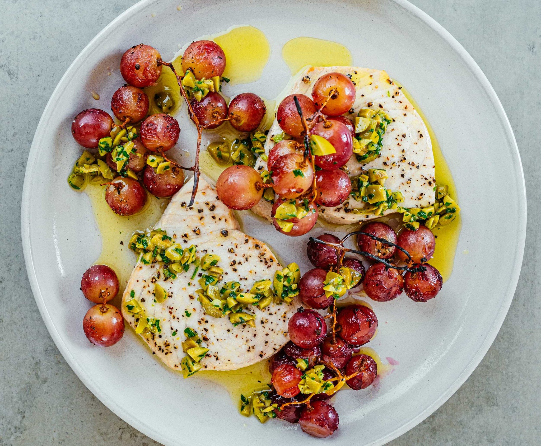 albacore with roasted grapes and rustic tapenade 